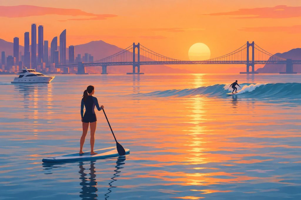 夕陽下的海灣概念插畫,前景有人站在立槳板上划行,遠處有衝浪者乘浪與一艘遊艇,背景是懸索大橋的剪影。