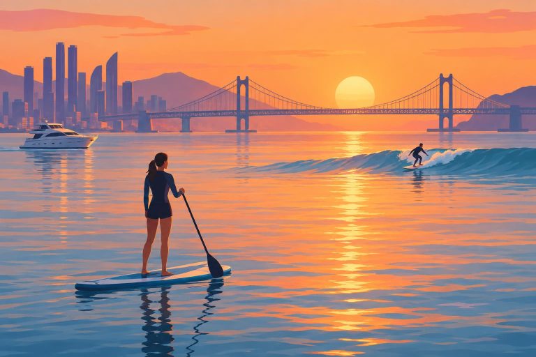 夕陽下的海灣概念插畫,前景有人站在立槳板上划行,遠處有衝浪者乘浪與一艘遊艇,背景是懸索大橋的剪影。